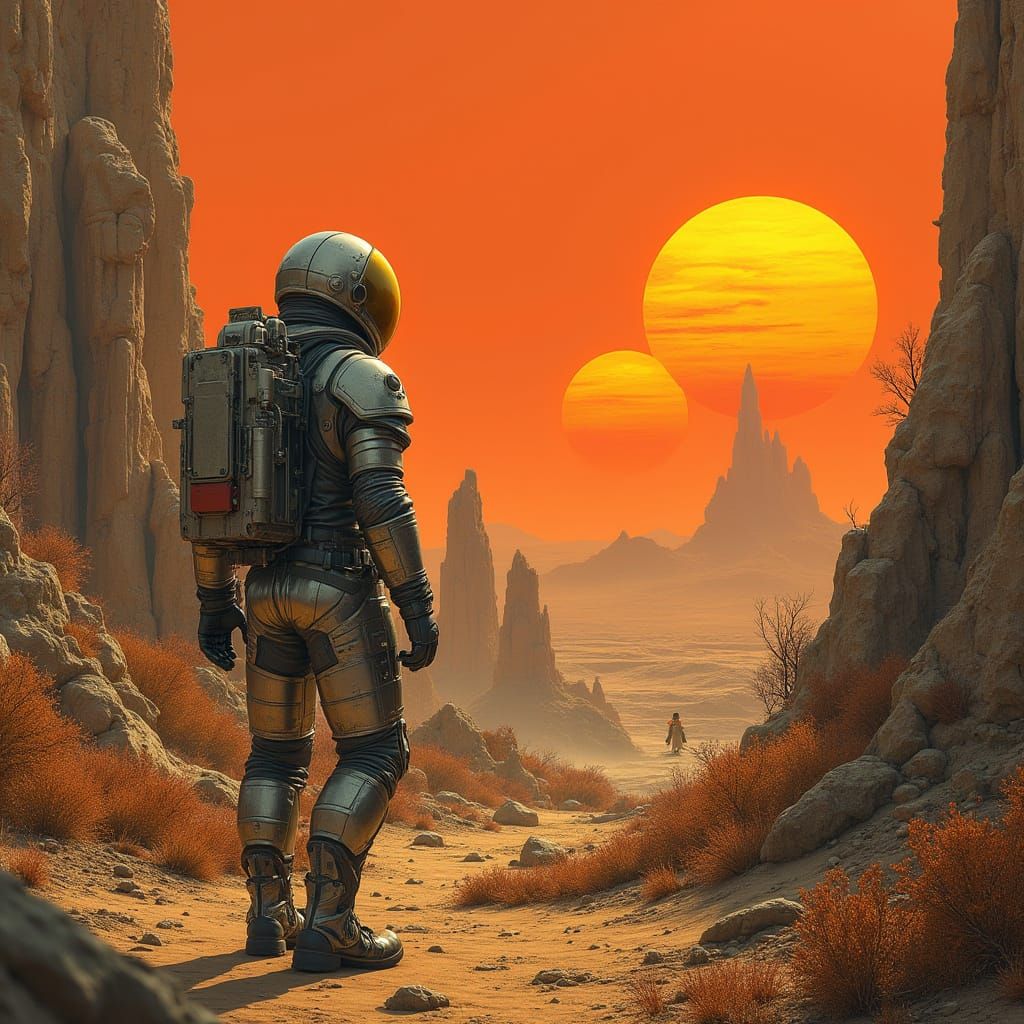 Futuristic Astronaut Explores Ancient Ruins on Distant Plane...