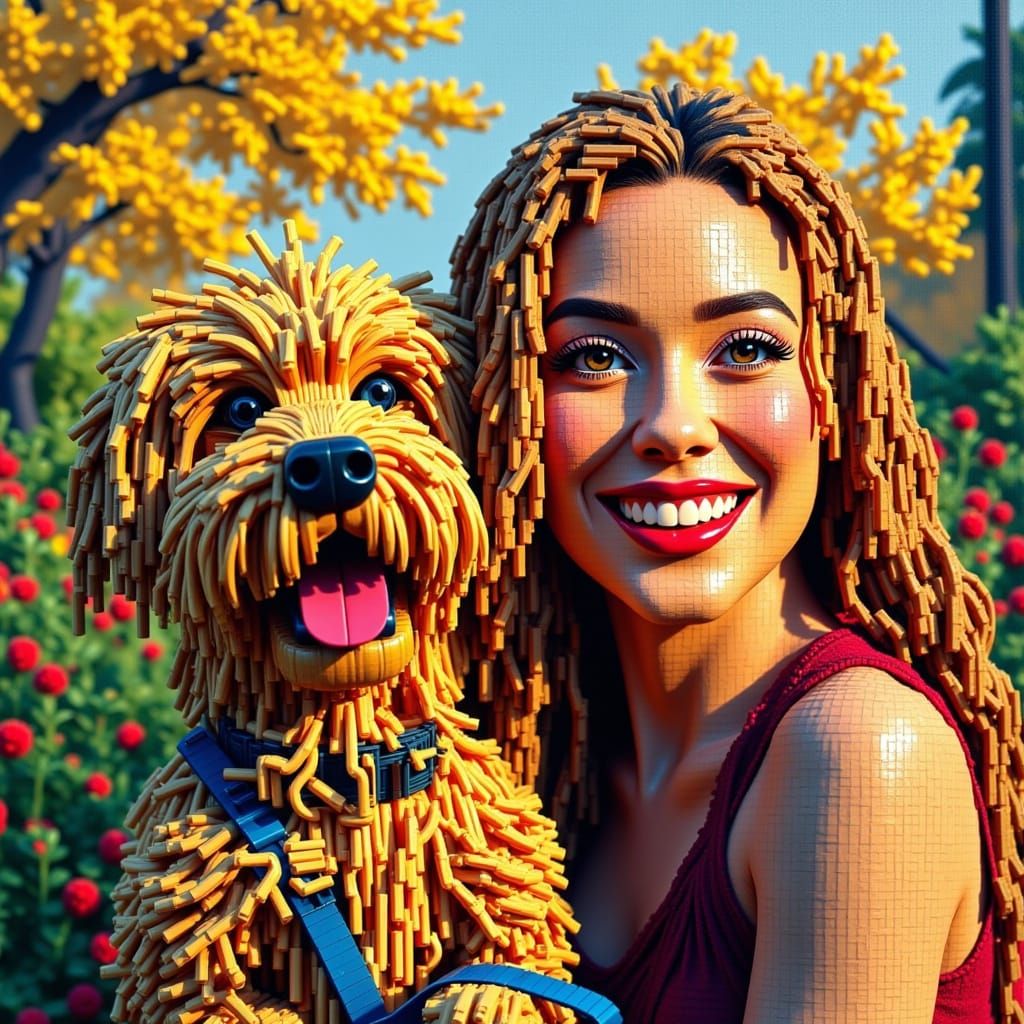 Lego Portrait of Woman and Dog in Textured Acrylics