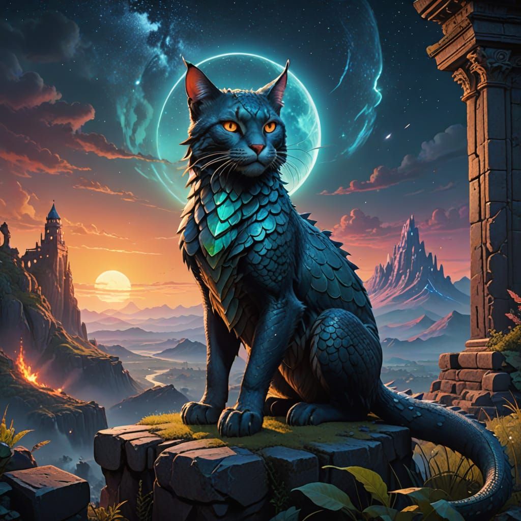 Majestic Cat Dragon in Ancient Ruin, Ethereal Light