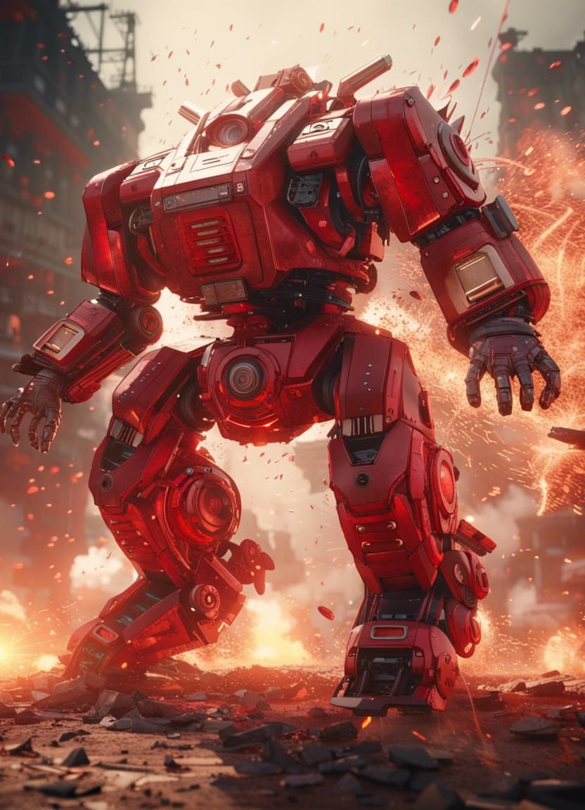 Vintage Red Robot in Massive Sci-Fi Explosion