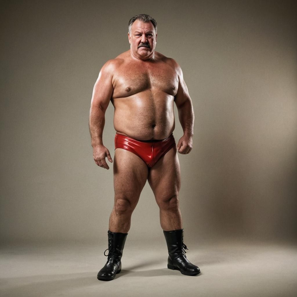Vibrant Photo of a Burly Wrestler in Red Trunks