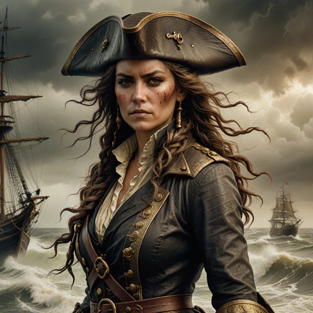 Sepia Pirate Captain Against Stormy Sea