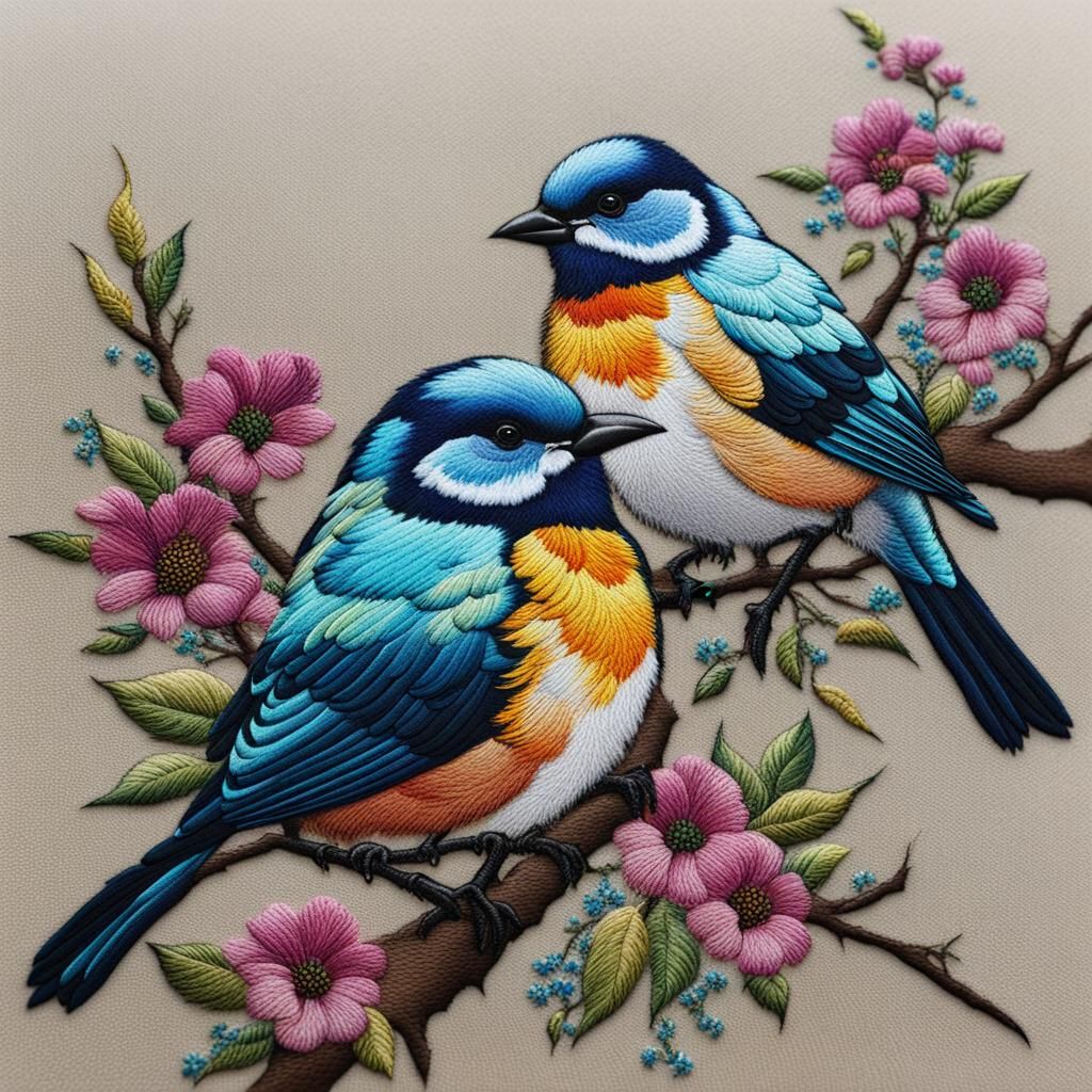 Embroidered Chaffinch Birds on Graffiti Landscape