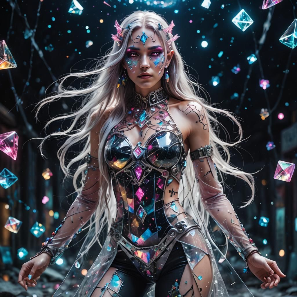 Ethereal Woman with Glass Body in Galaxy Night
