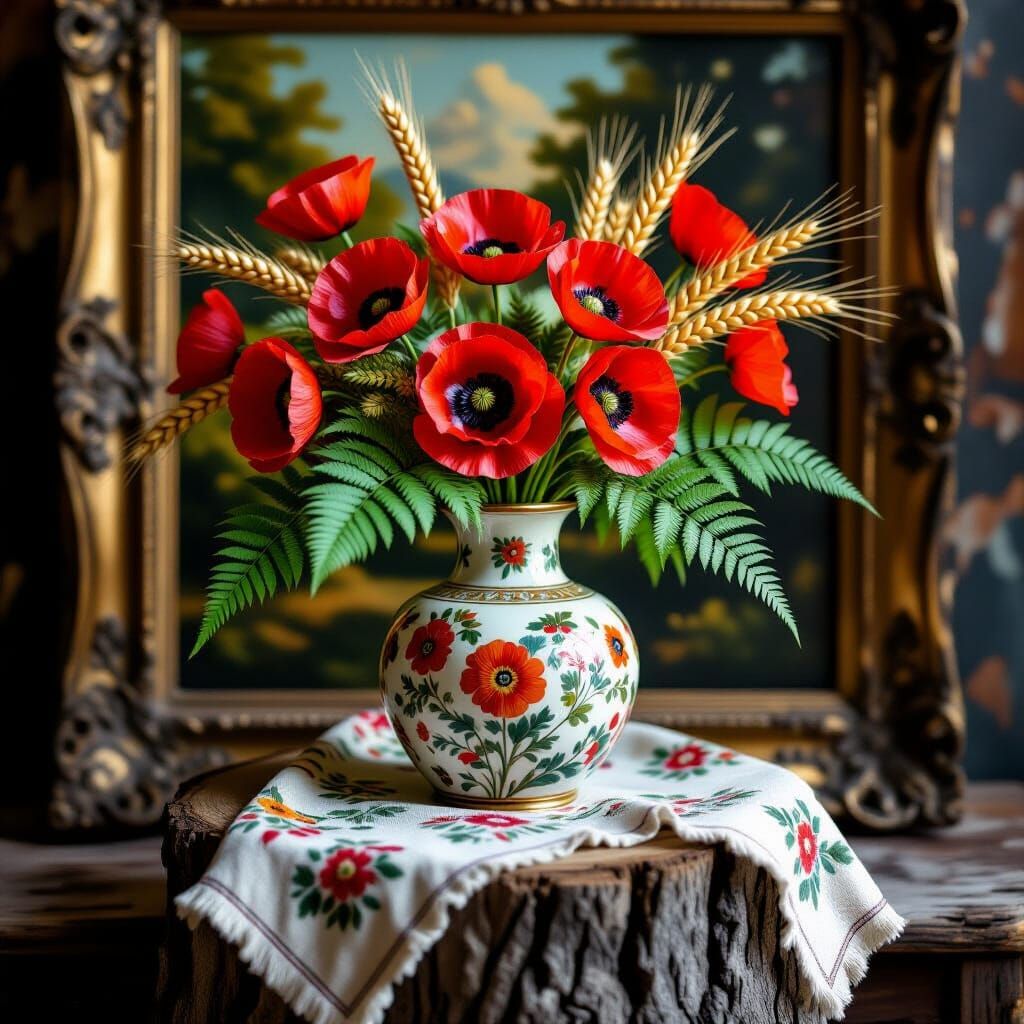Brass Vase with Poppies and Fern in Hyperrealistic Style