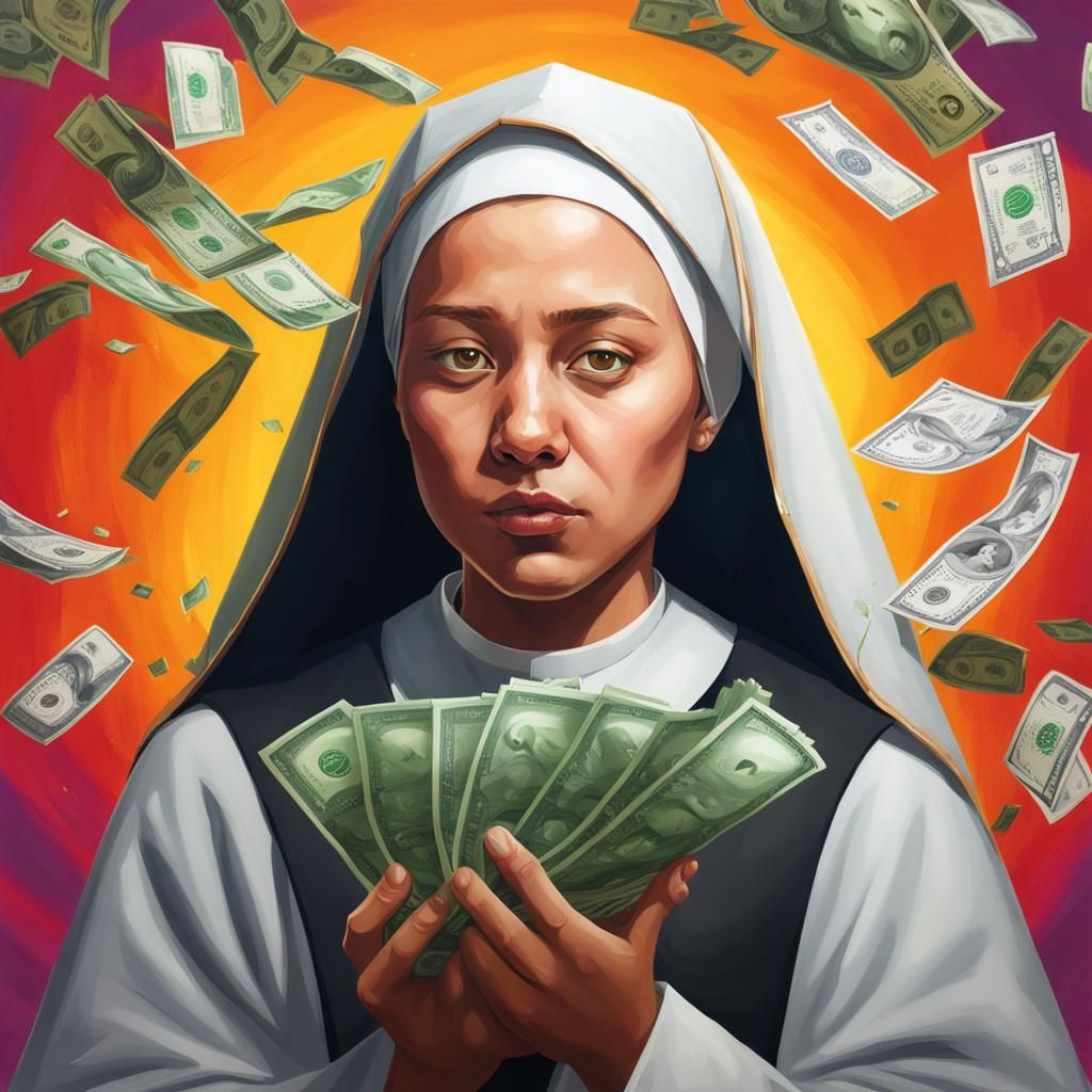 Hyperrealistic Young Nun with Money