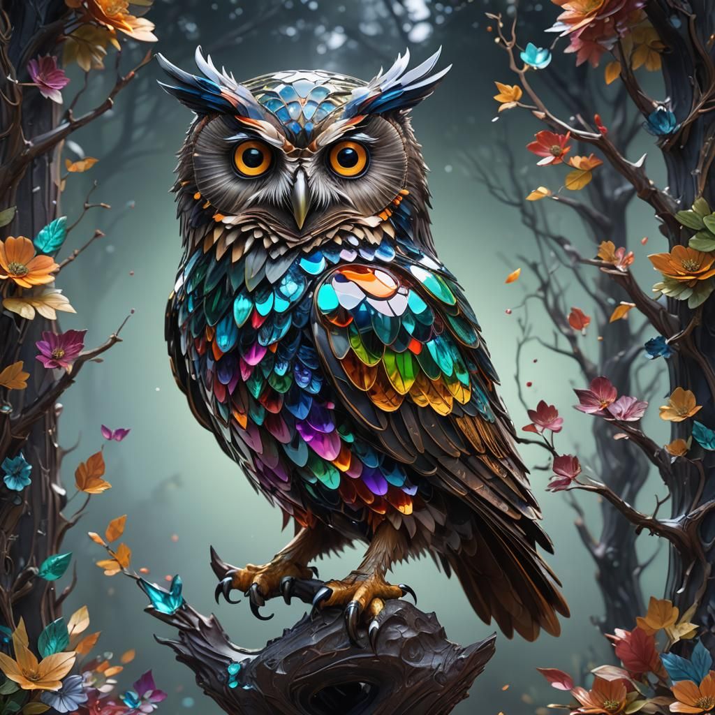 Rainbow Glass Owl: Detailed Matte Painting