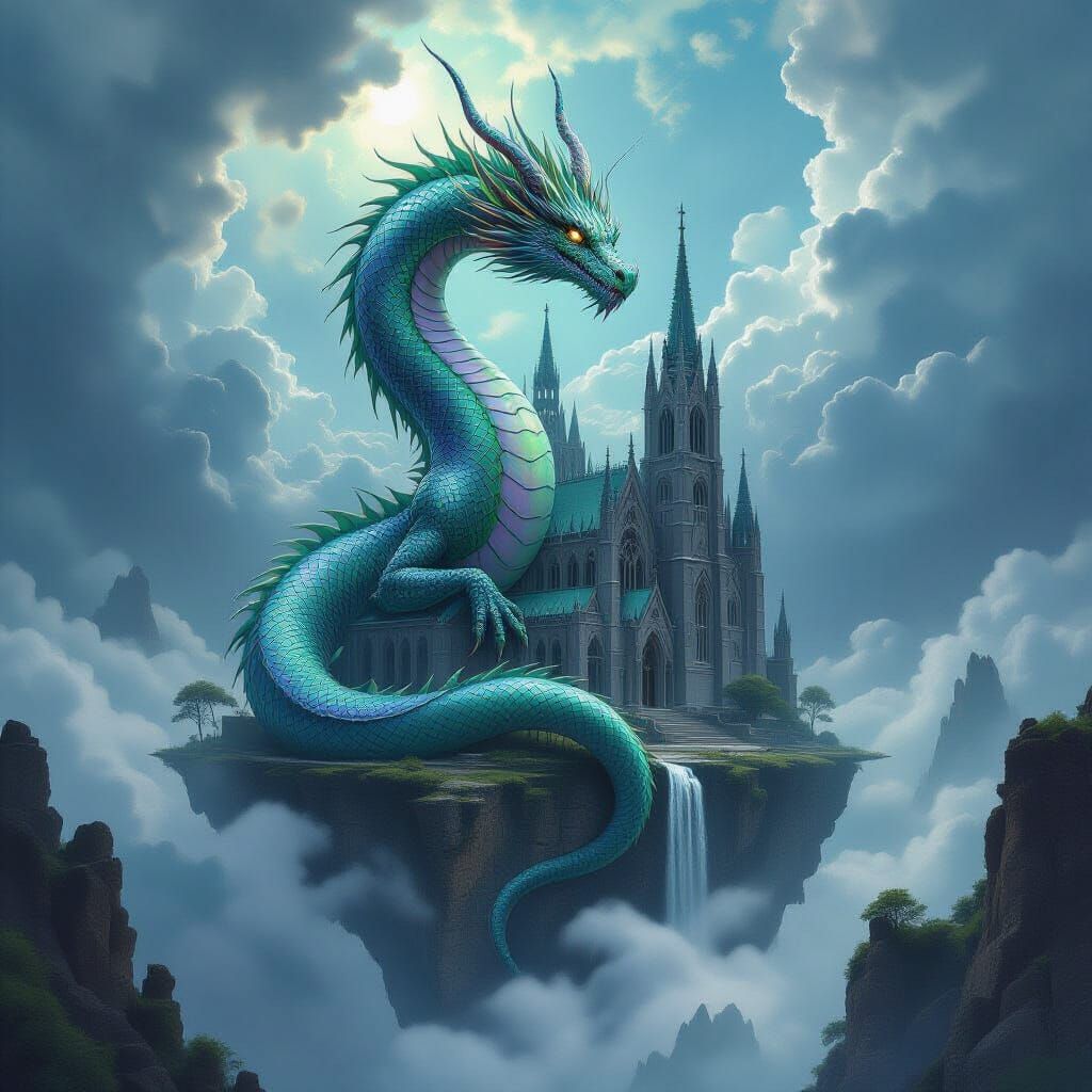 Celestial Dragon Coiled Around Gothic Cathedral in Airbrush ...