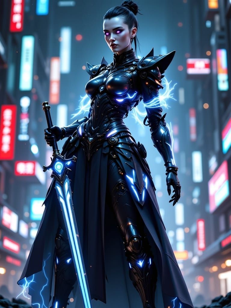 Futuristic Cyberpunk Warrior in Neon City