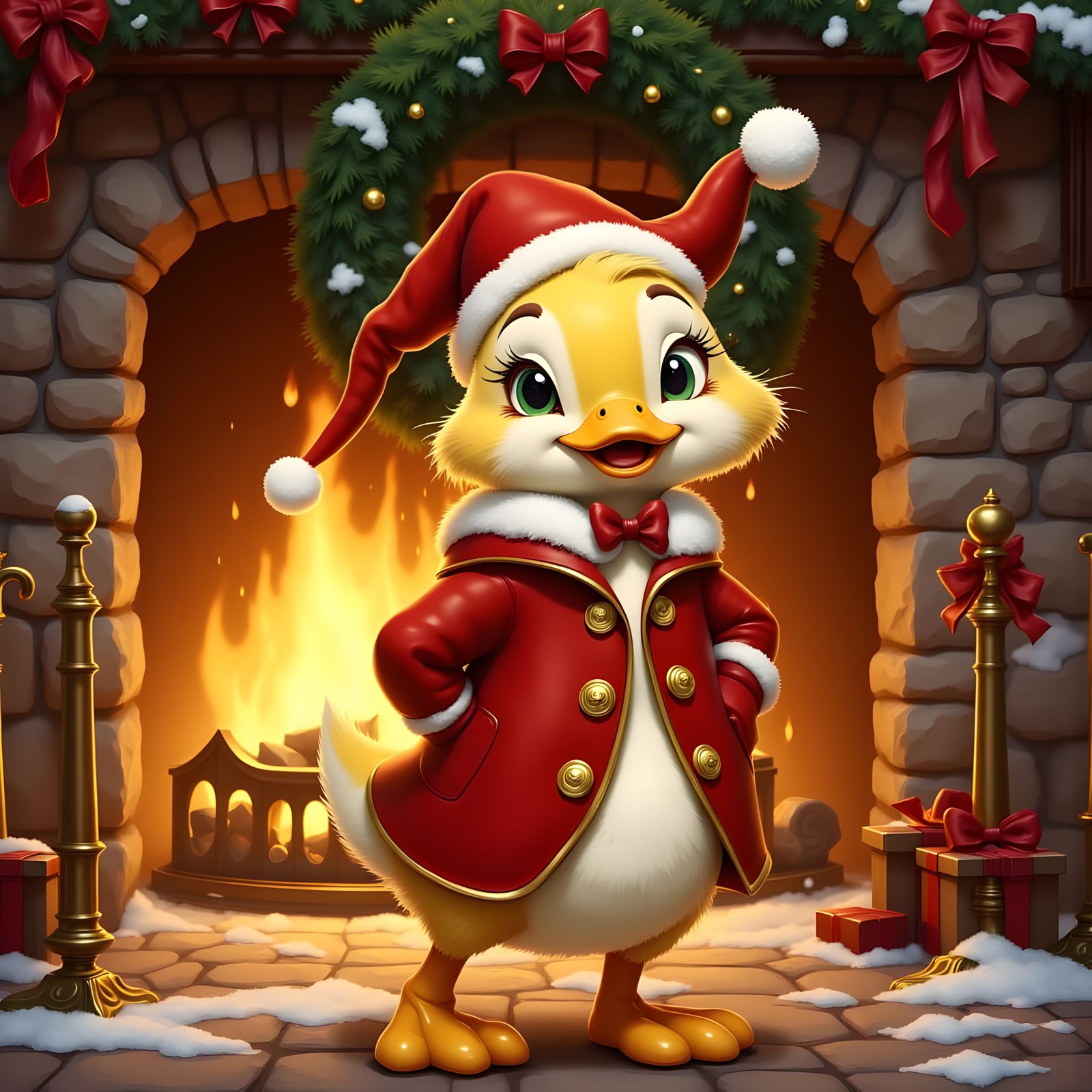 Golden Goose in Winter Attire Smiling by the Fireplace