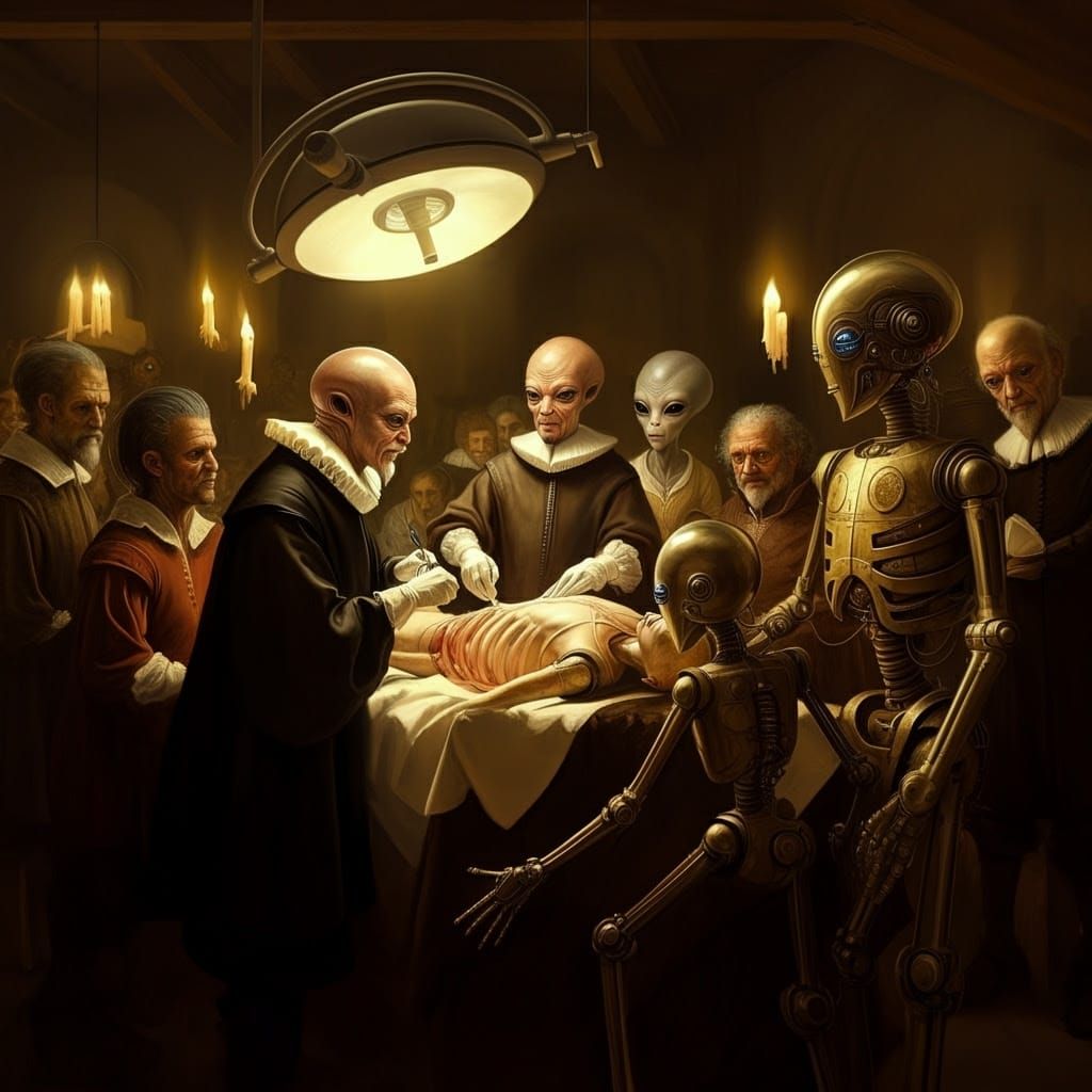 Robot Anatomy Lesson in a Dimly Lit Operating Theater