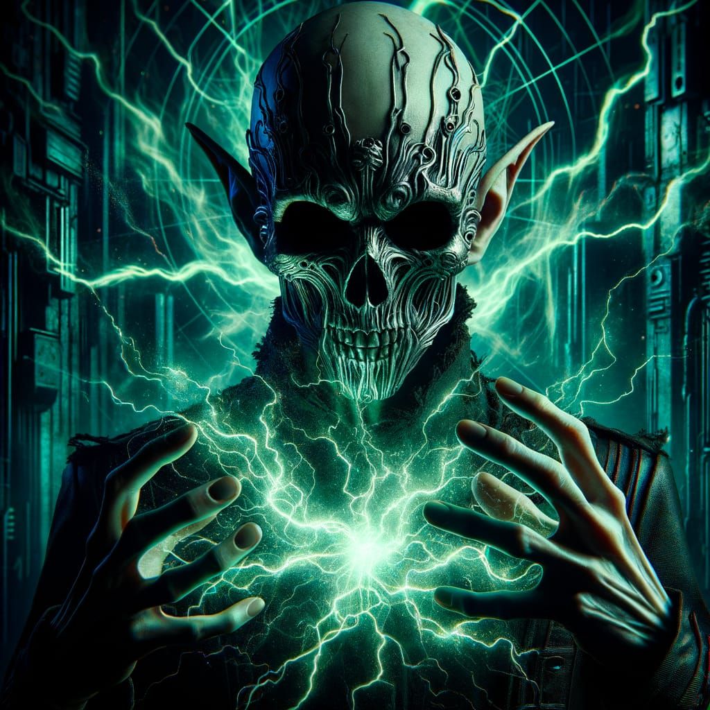 Dark Elf Mage Radiates Green Energy in Cyberpunk Metropolis