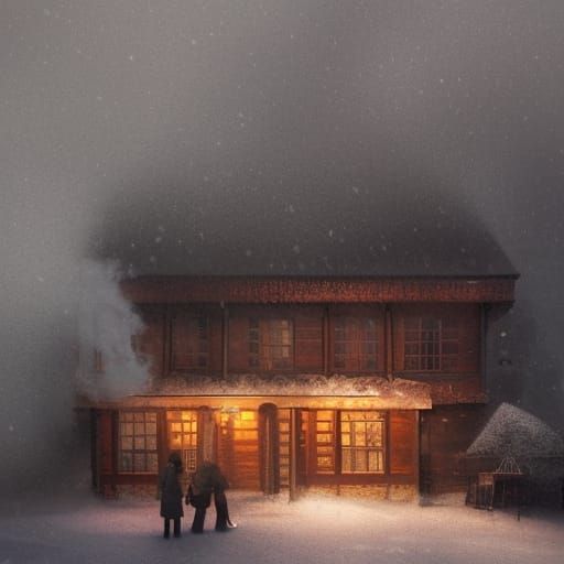 Woman in Snow near Glowing Tavern, Digital Art