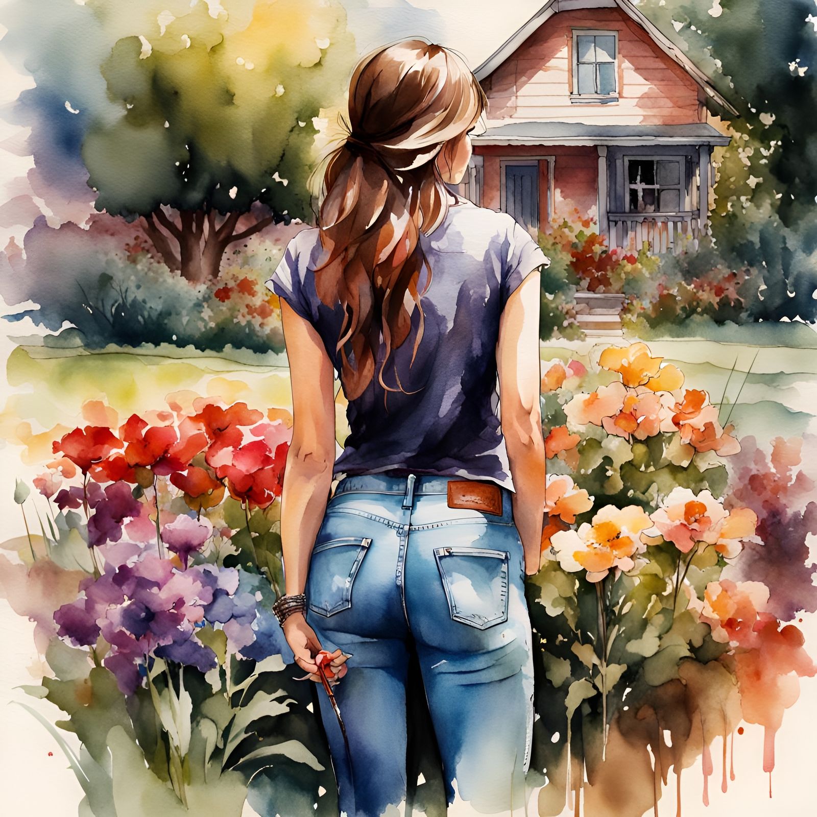 Watercolor Woman Gardening in Aetherpunk Style