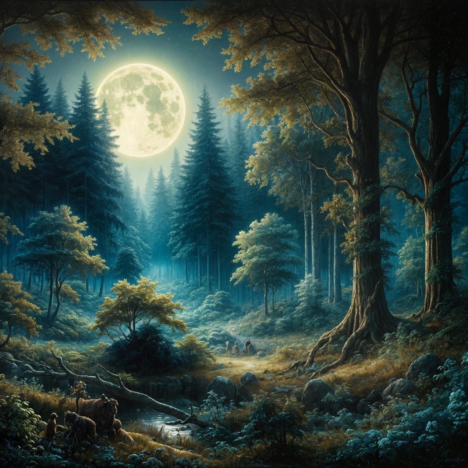 Romantic Moonlit Forest in Oil Painting Style