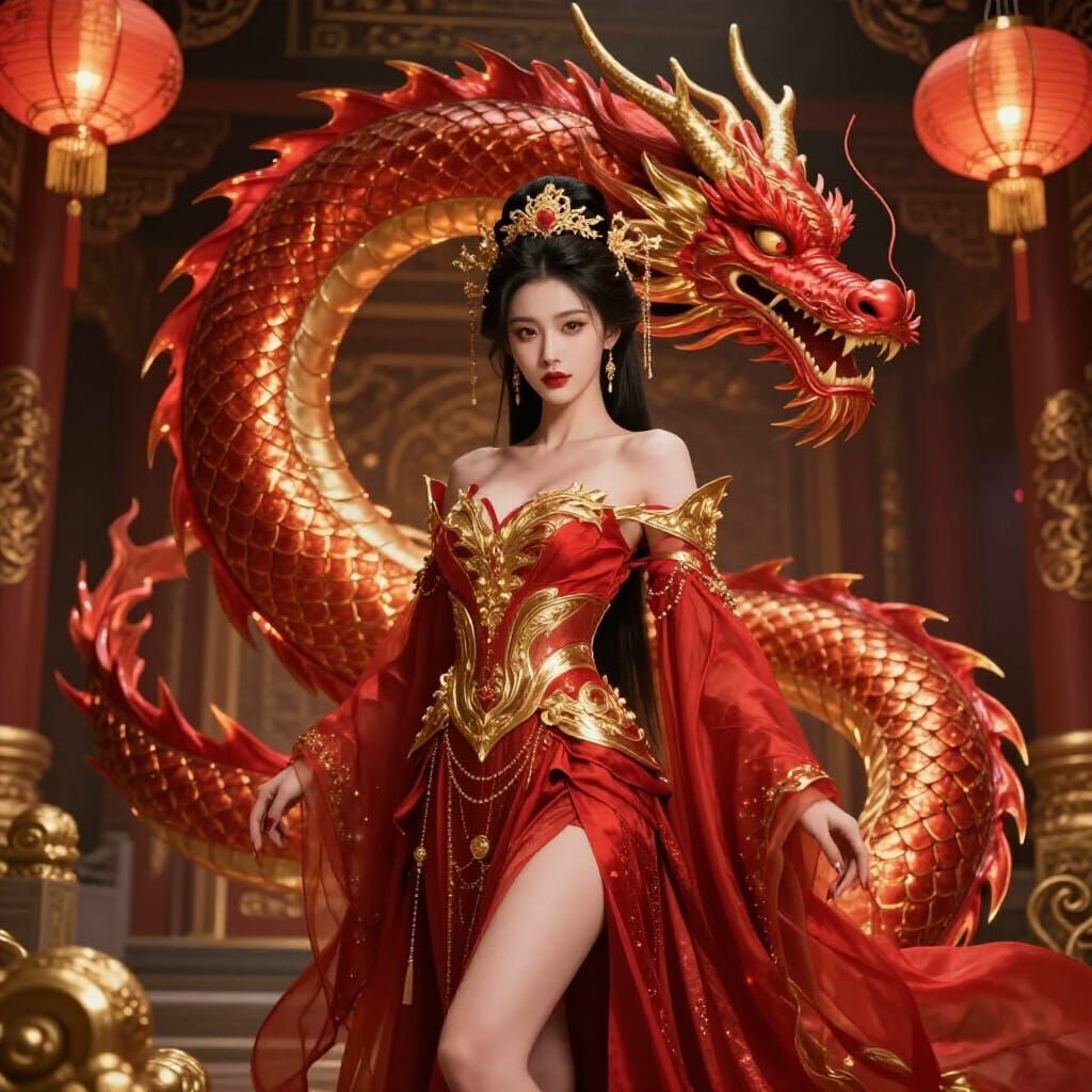 Elegant Chinese Woman with Majestic Dragon in Fantasy Art