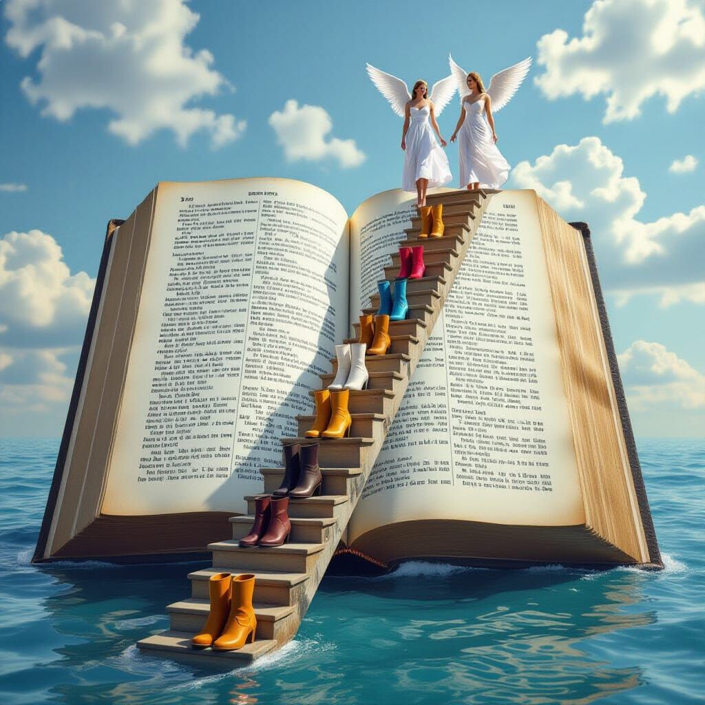 Surreal Book Pathway with Fashion Boots and Angels