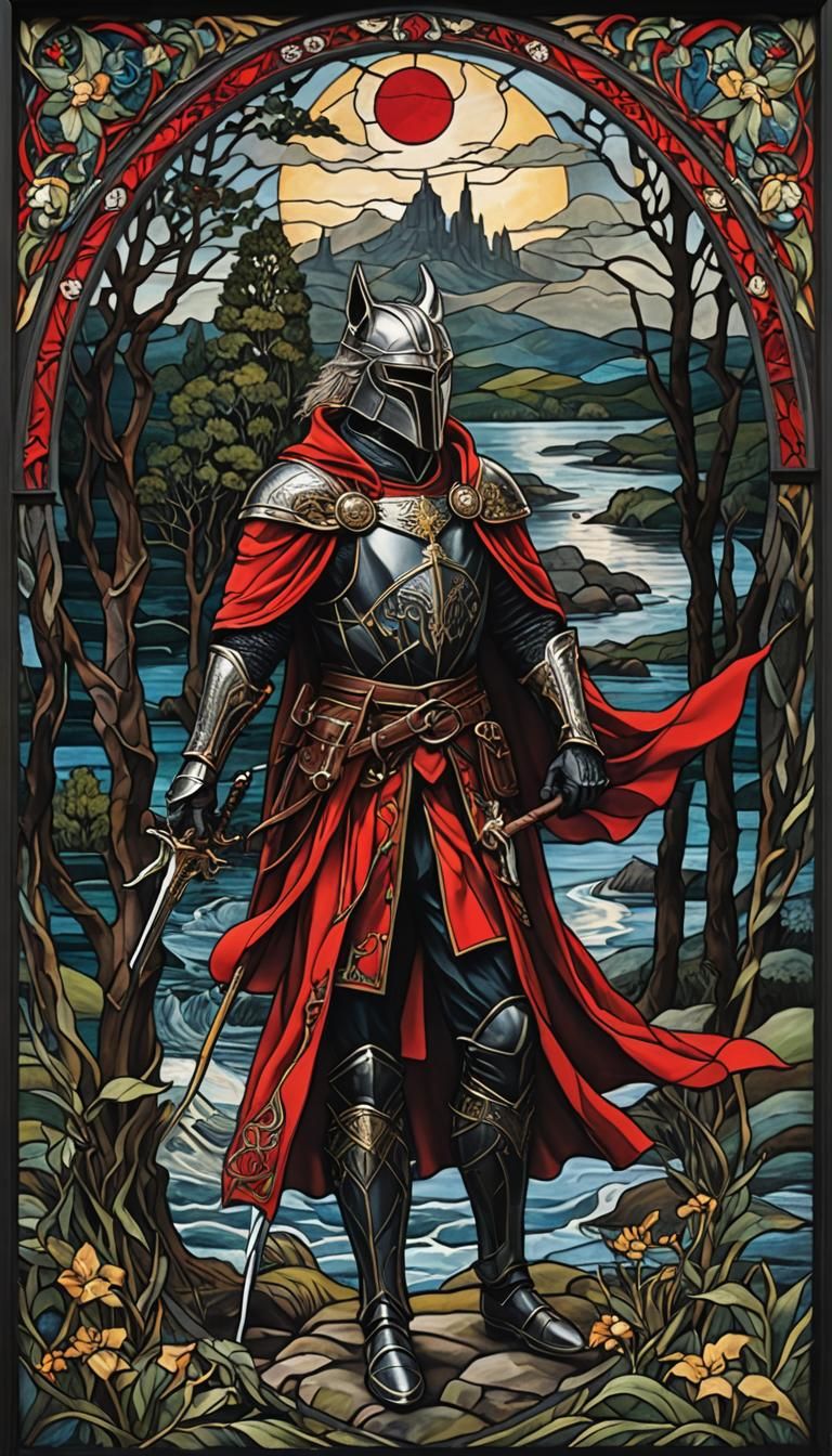 Celtic Knight in Stained Glass Window, Neo-Cubism Style