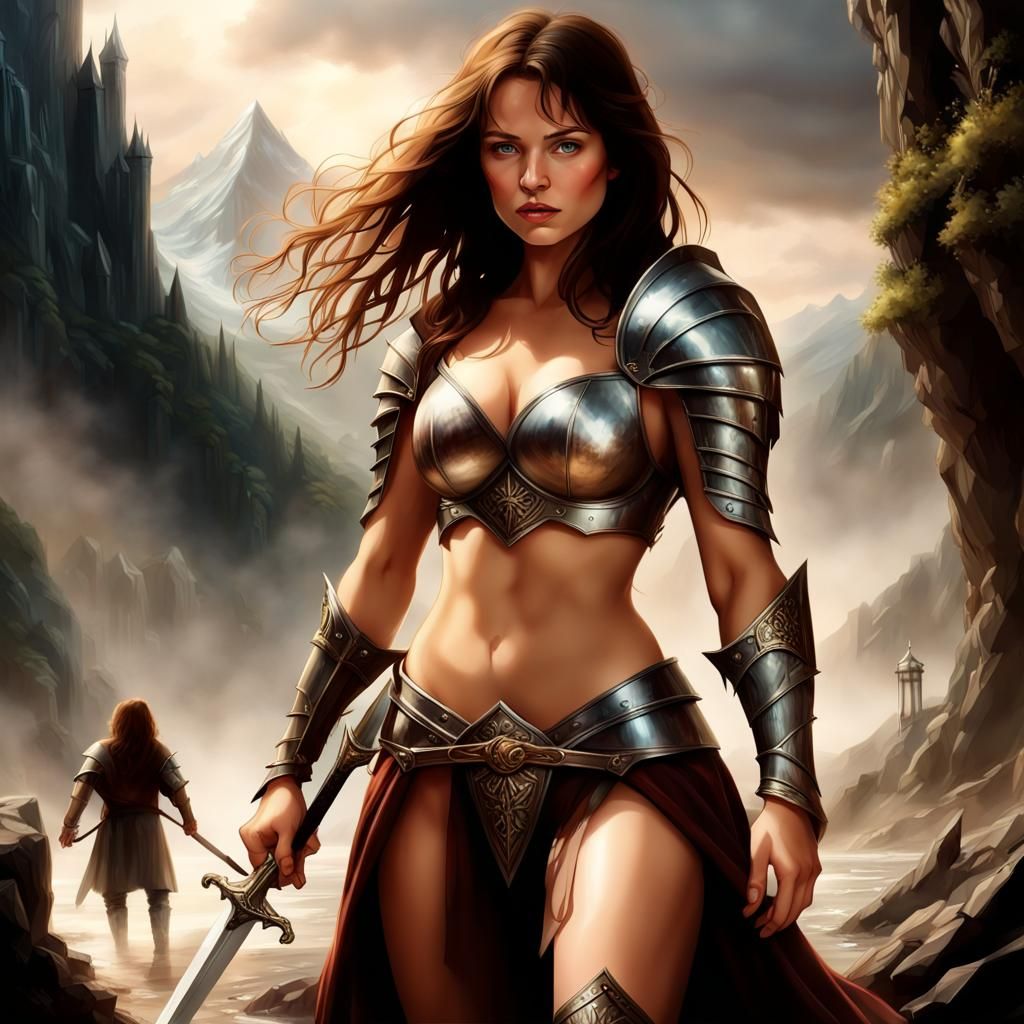 Woman with Sword Kissing Knight in Fantasy World