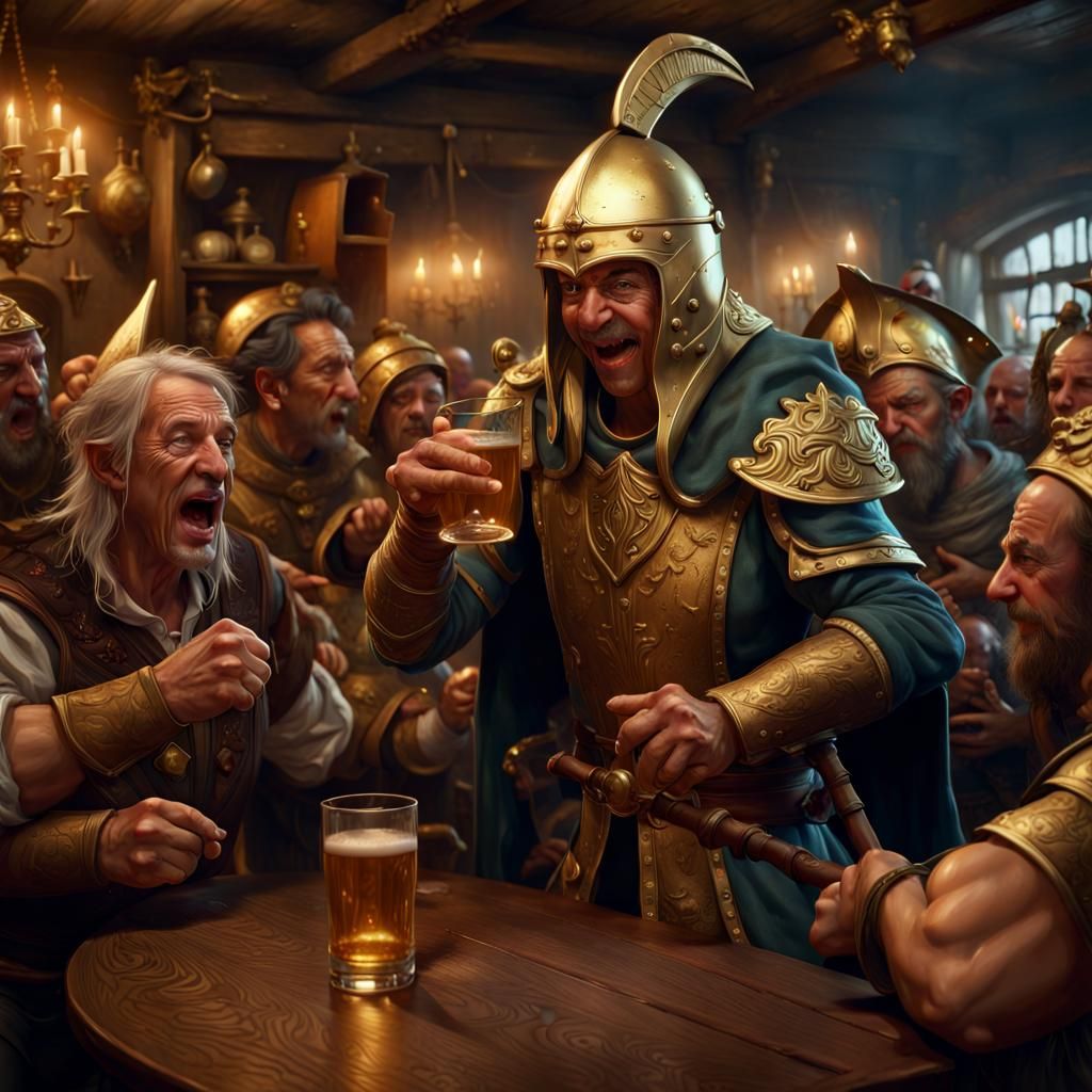 Chaotic Tavern Scene: Human Mocking Drunken Elf