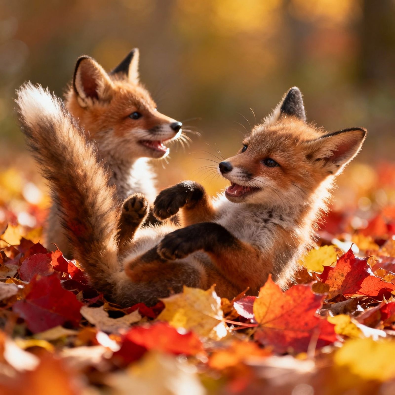 Fluffy Baby Foxes Play in Autumn Leaves