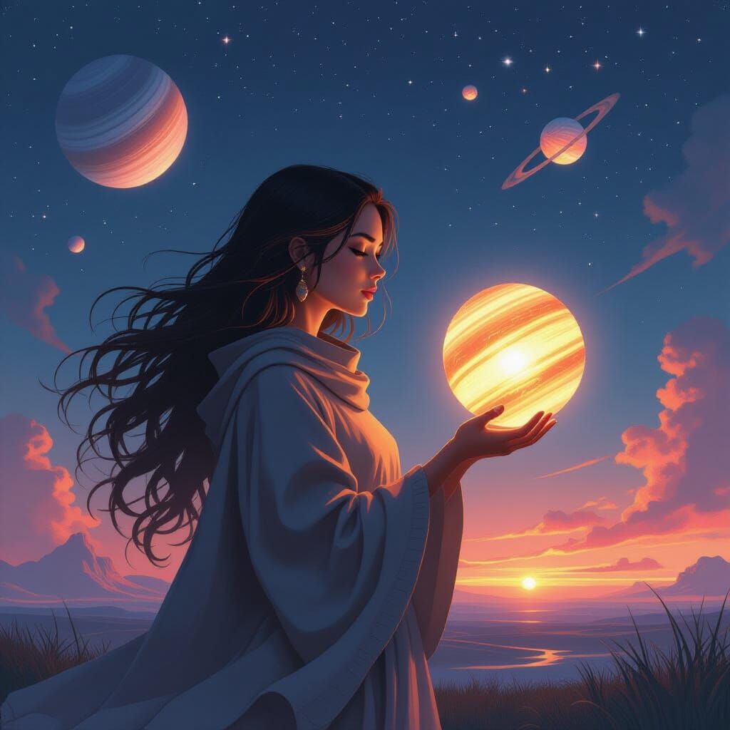 Alien Woman Holds a Glowing Planet