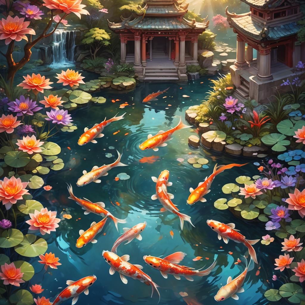 Aurelian Koi in Sacred Pool: Fantasy Concept Art