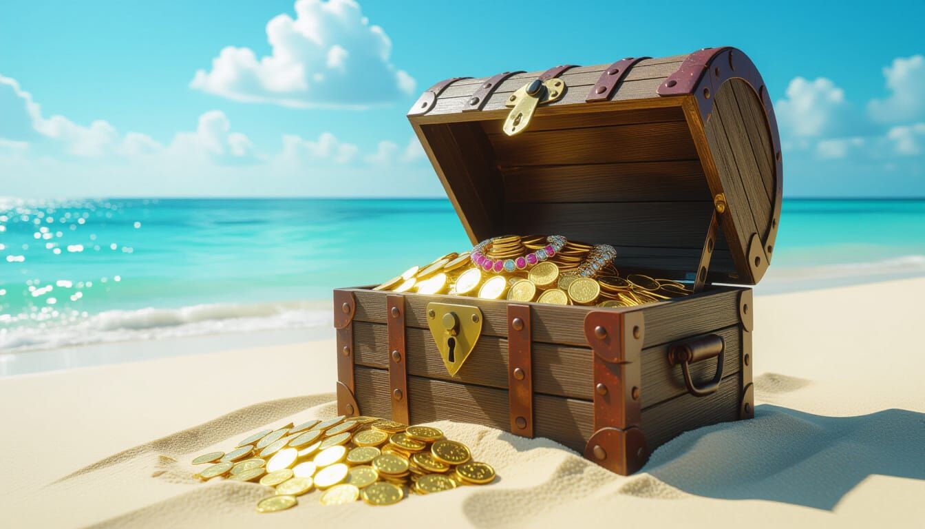 Sunken Treasure Chest on Tropical Island Beach