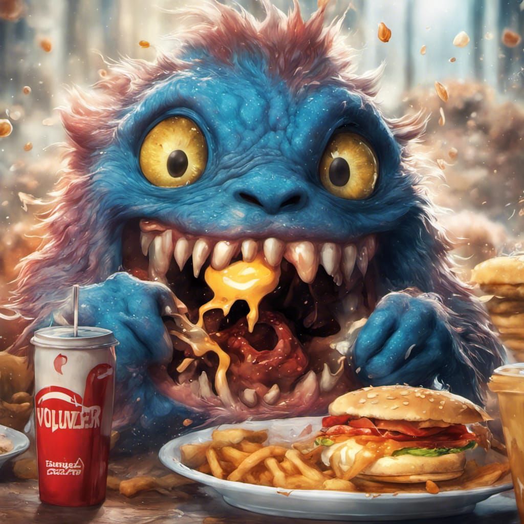 Hyperdetailed Anime Monster Eats Fast Food
