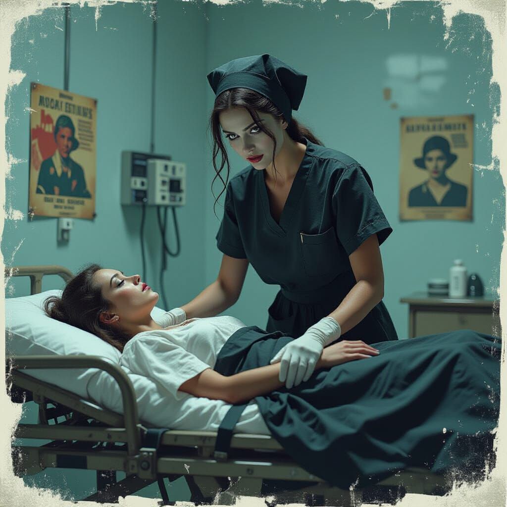 Eerie Nurse in Dim Clinic, Dark Surrealism