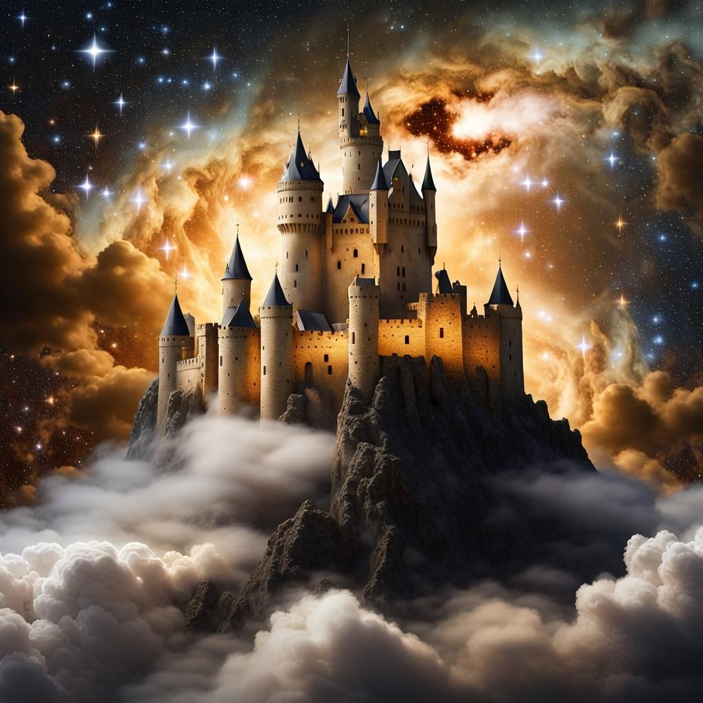 Medieval Castle in Clouds Under Starry Sky