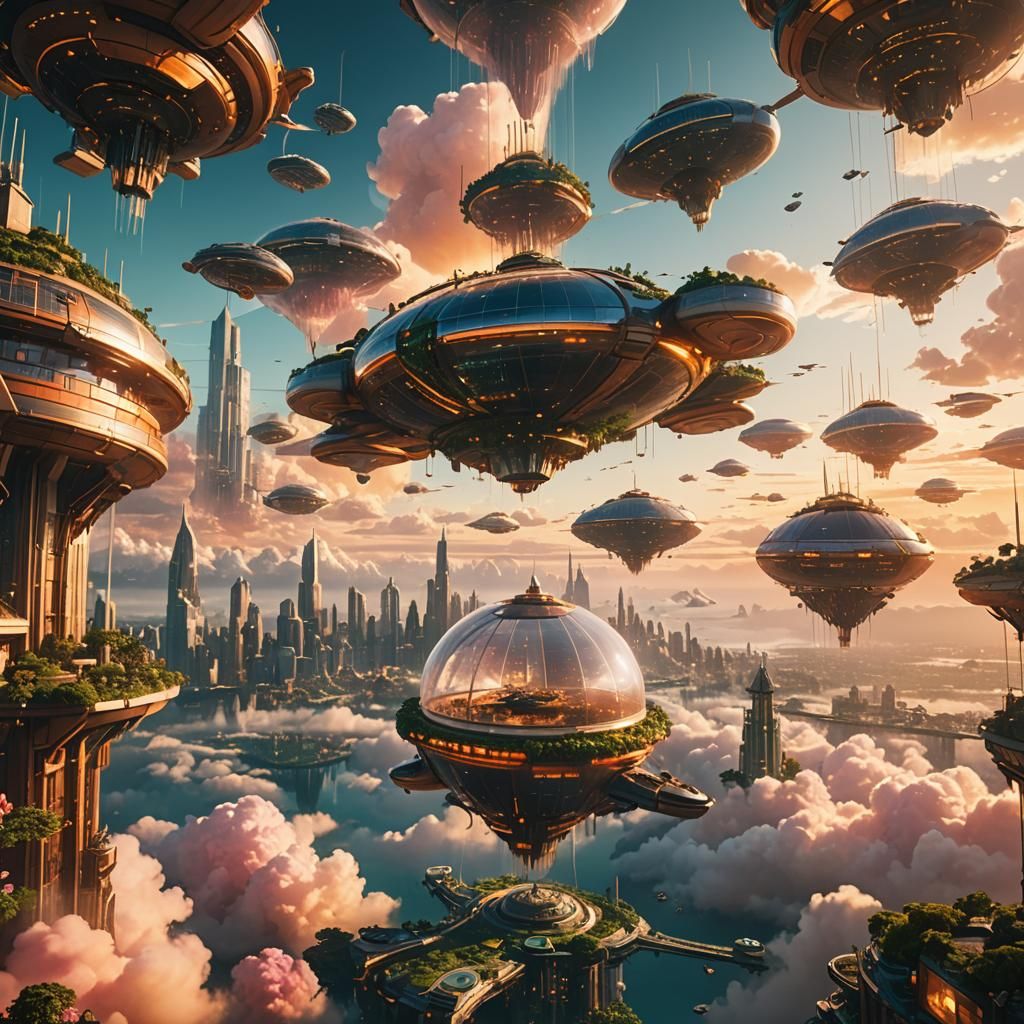 Utopia City Floating Above Clouds at Sunset