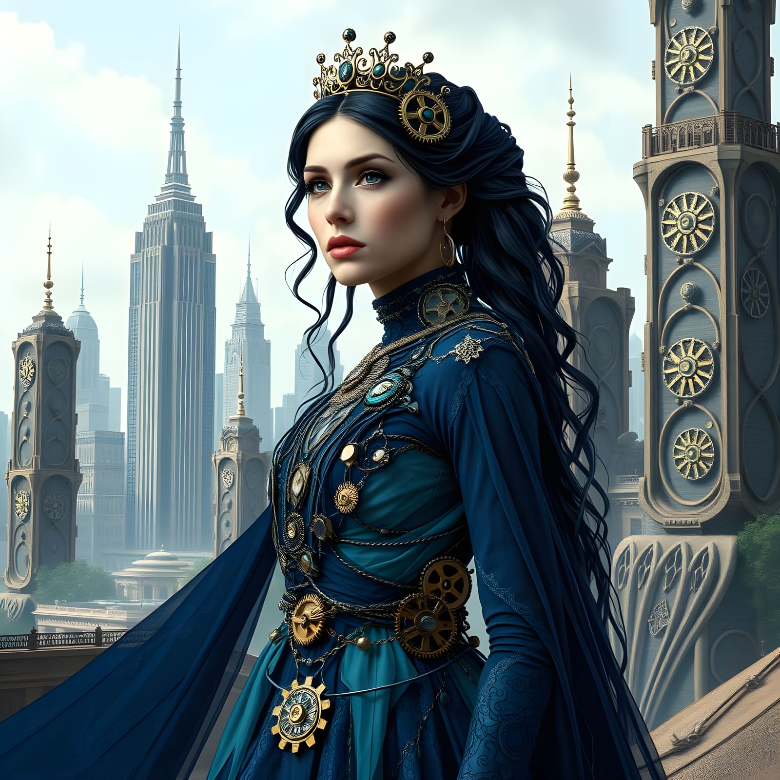 Princess of a Teslapunk Kingdom in Elegant Indigo Gown