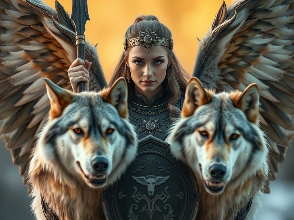 Majestic Valkyrie Warrior with Winged Wolves