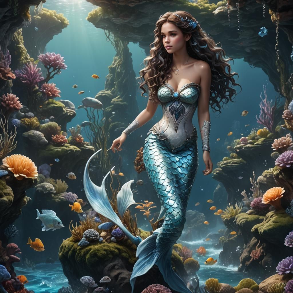 Realistic Mermaid with Brown Hair, Digital Painting