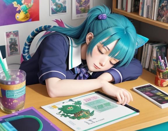 Anime Girl Sleeping Surrounded by Quirky Items
