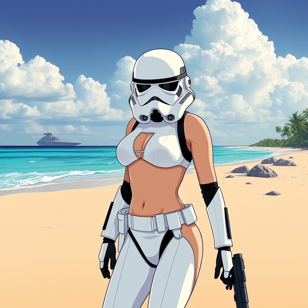 Sleek Stormtrooper Goddess in Vibrant Bikini on Tropical Bea...