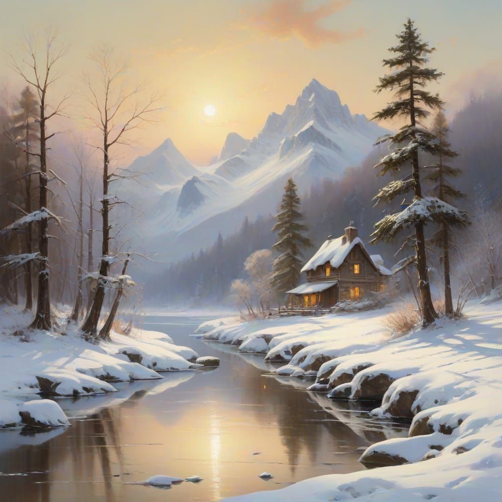Winter Village Masterpiece in Oil on Canvas