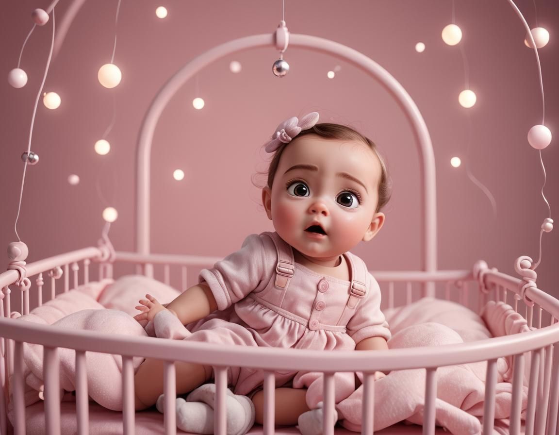 Adorable Baby Girl in Pink Crib, 3D Digital Art
