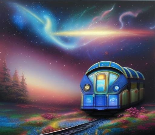 Futuristic Train Flies Through Space: Oil Painting