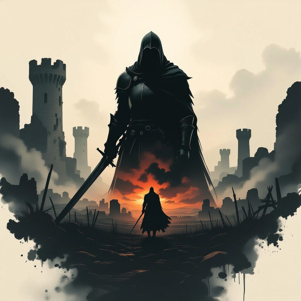 Knight Silhouette Merging With Ancient Battlefield