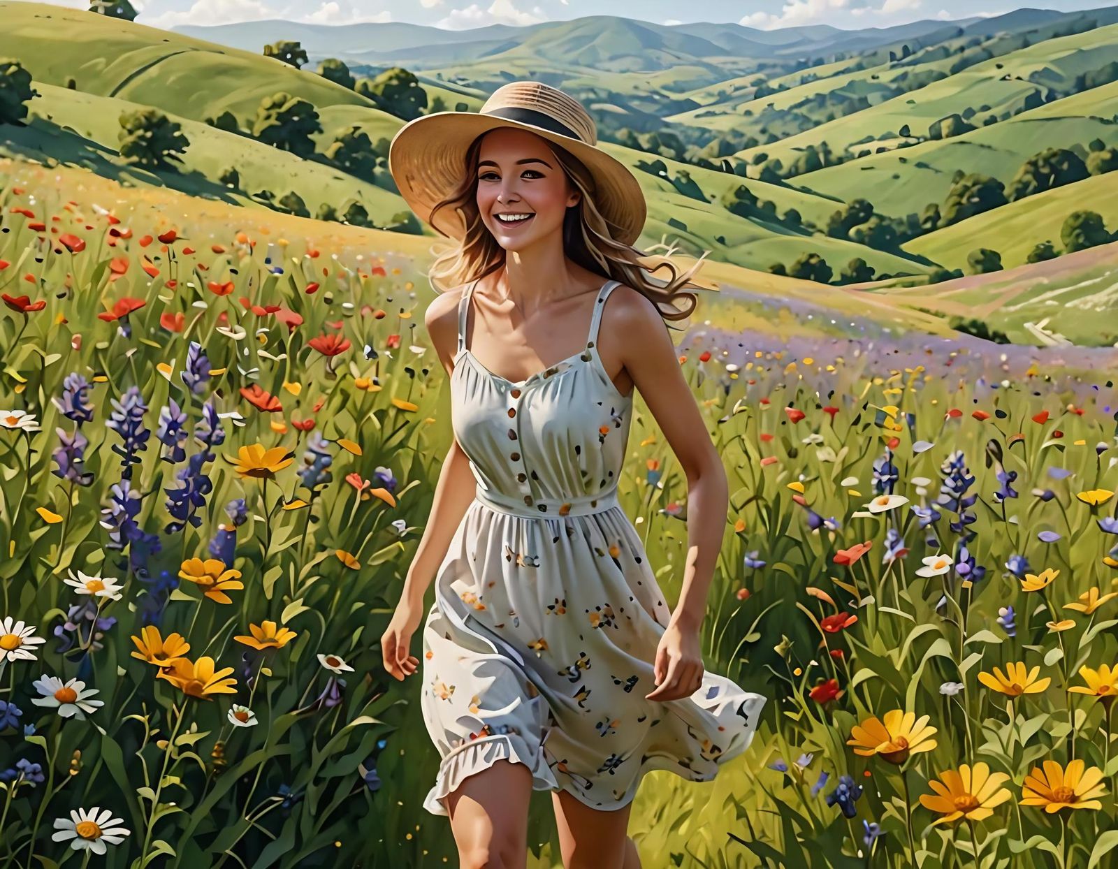 Woman in Meadow: Stylized Watercolor Art