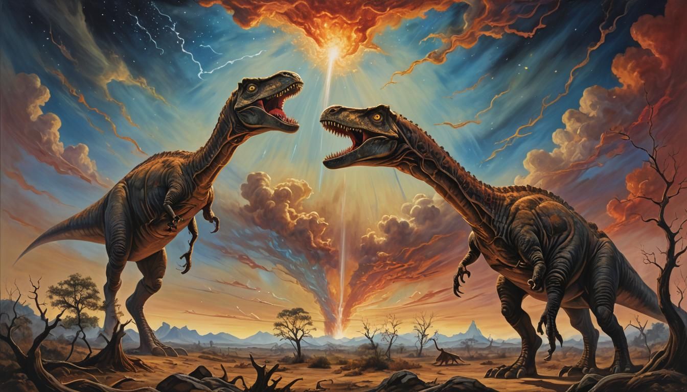 Dinosaurs Witnessing a Comet in Surreal Style