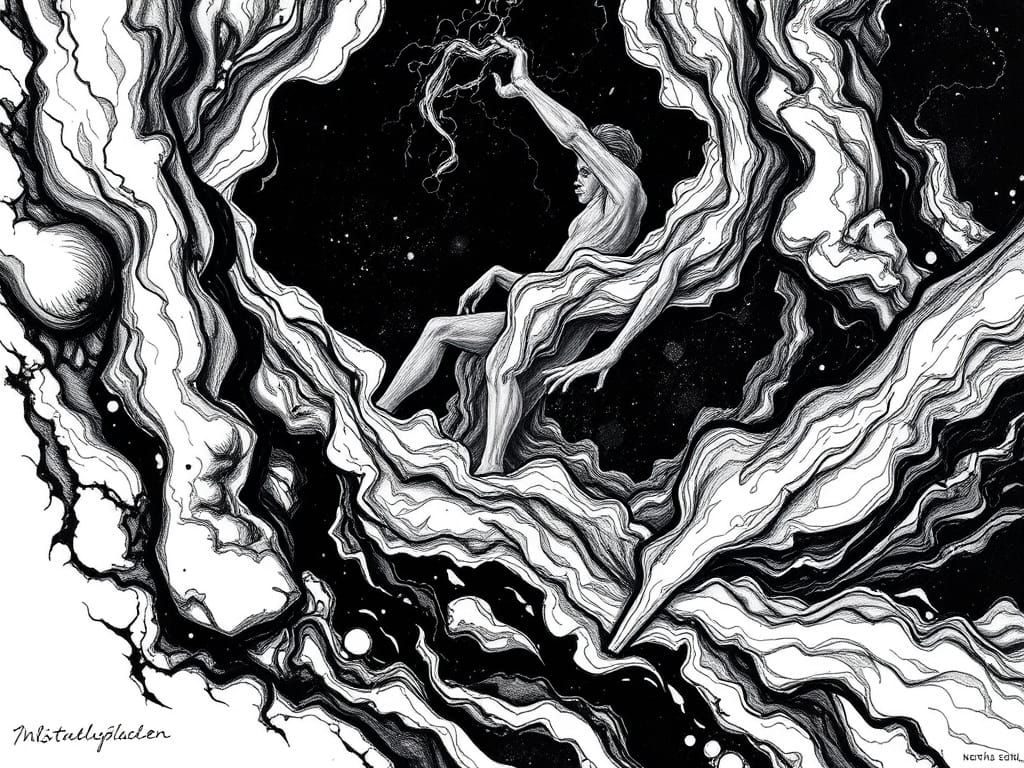 Dramatic Black and White Woodcut of Pain