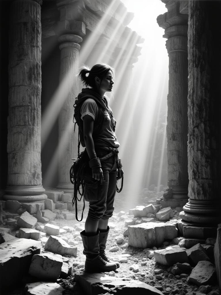 Close-Up Charcoal Painting of Archaeologist in Ancient Templ...