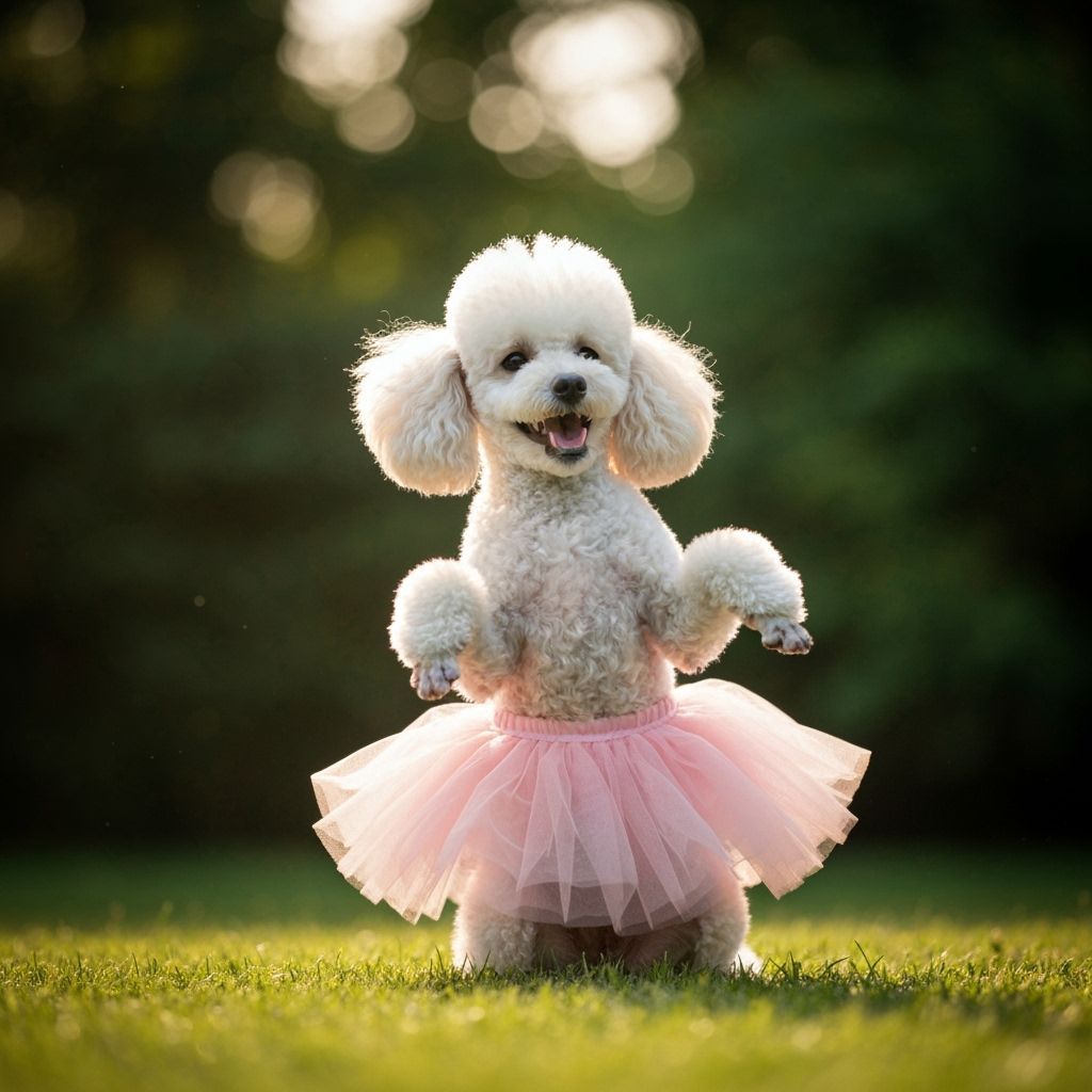 Joyful Poodle Dances in Pink Tutu in Sunlit Park