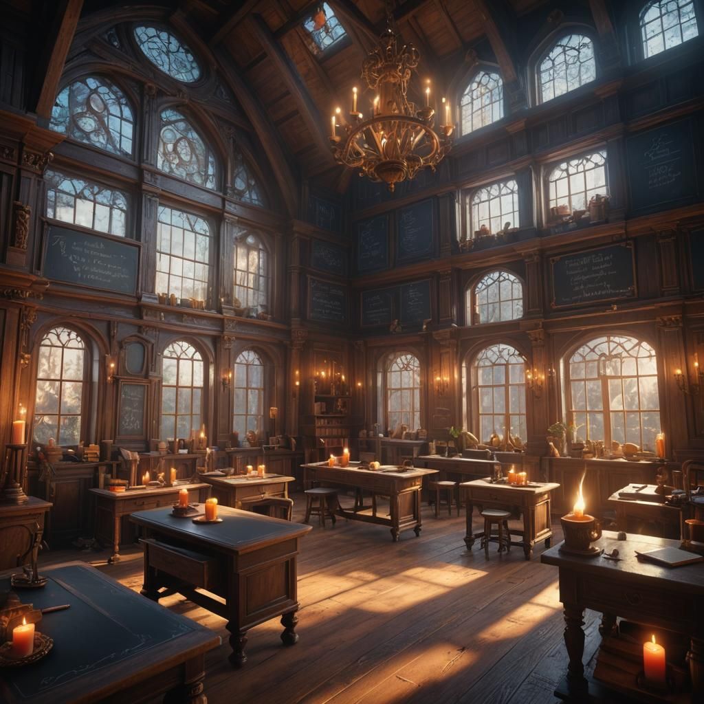 Enchanted Classroom with Mystical Blackboard: Fantasy Art