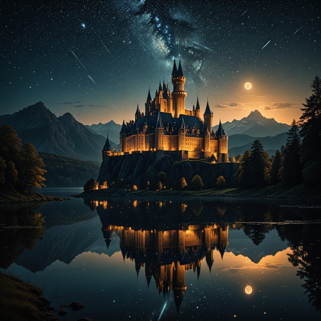 Epic Castle Illuminated at Night with Triangular Spaceship