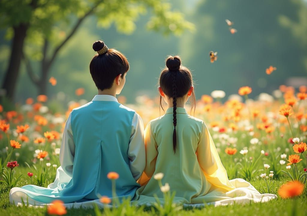 Hanfu-Clad Siblings Contemplate Lush Garden