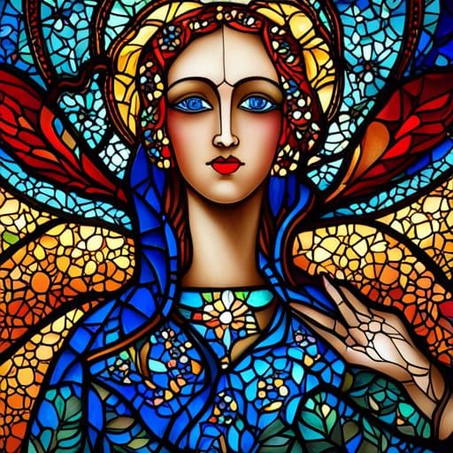 Woman Crying Sapphire Tears in Stained Glass Style